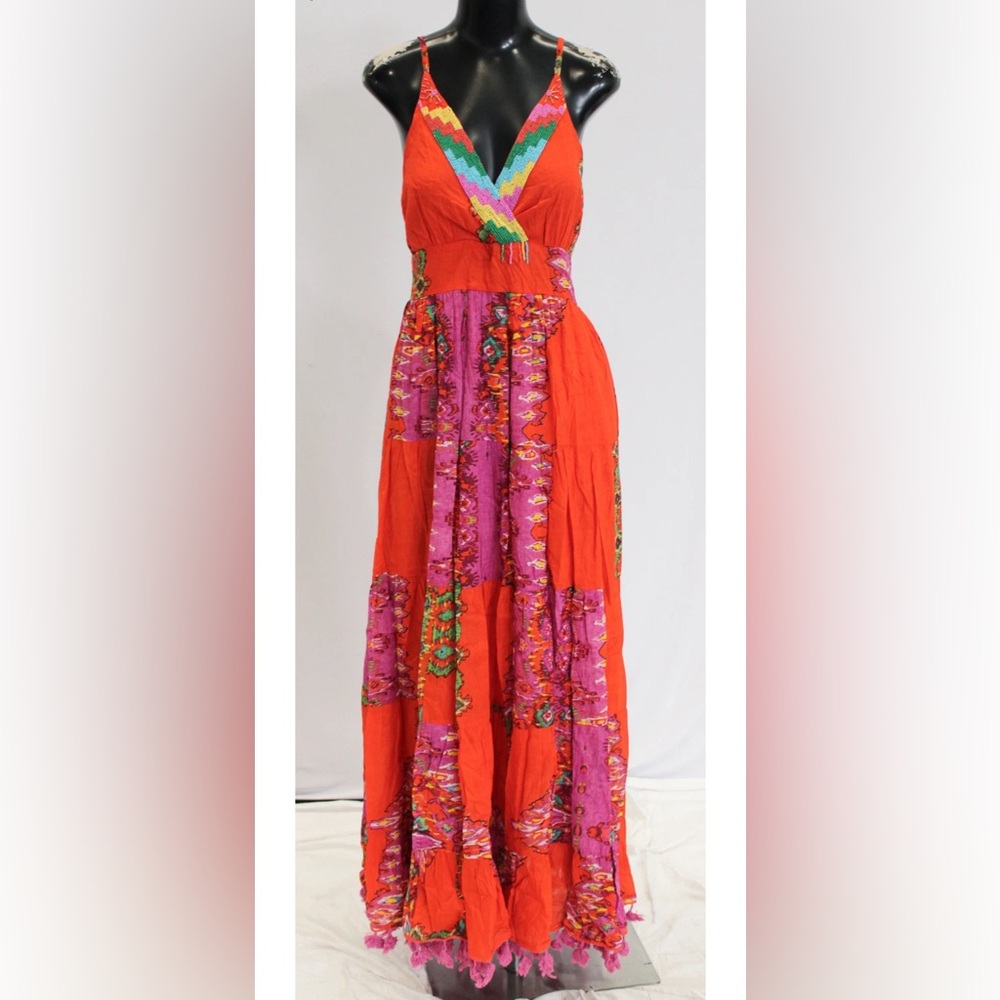 Anthropologie Barok Paris Beaded Tiered Maxi Dress Orange Pink Boho Small - Picture 8 of 14